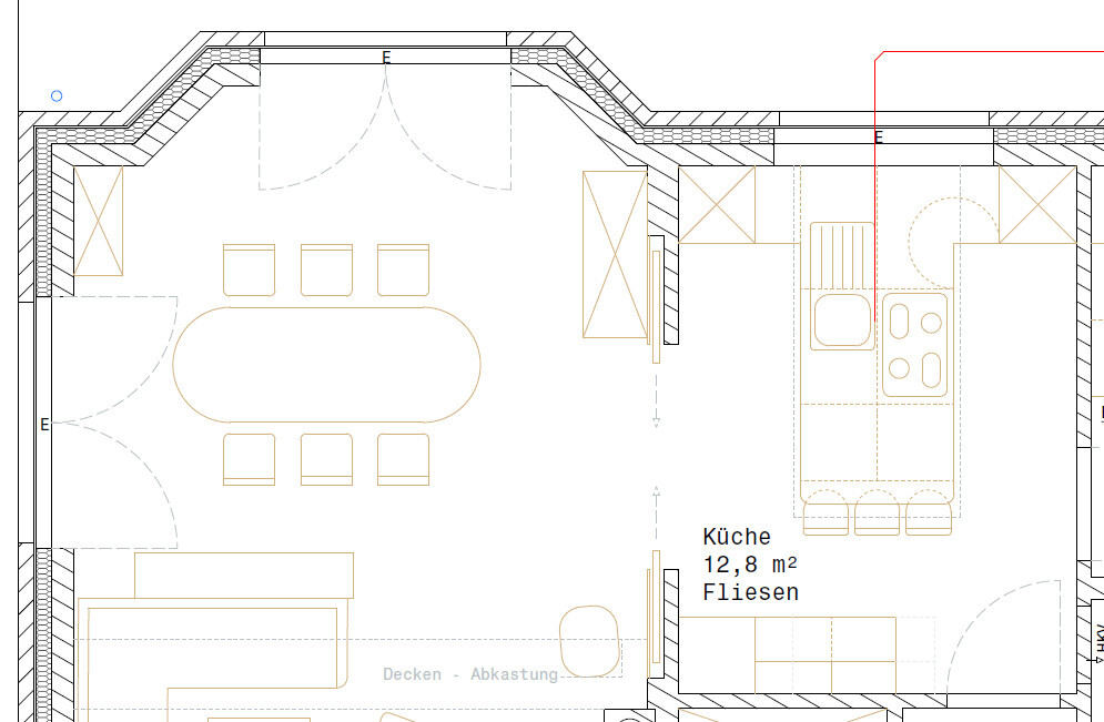 2D-Grundriss einer Küche mit Esstisch und offener Essecke