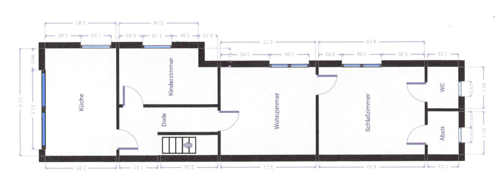 Grundriss eines Hauses: Küche, Kinderzimmer, Diele, Wohnzimmer, Schlafzimmer, Abstellraum und WC.