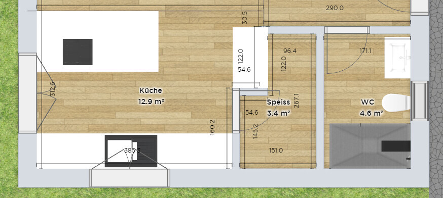 Grundriss eines Hauses mit Küche, Speis und WC als detaillierte Raumaufteilung
