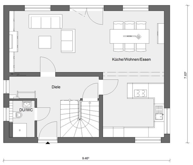 Grundriss Erdgeschoss: Diele mit Treppe, links Wohnzimmer, rechts Küche/Wohnen/Essen, Du/WC.