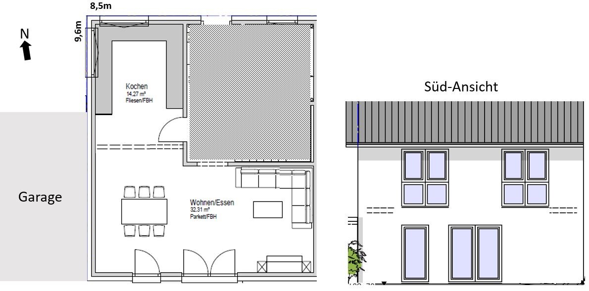 Erdgeschoss-Grundriss: Garage links, Küche, Wohn-/Essbereich; Südansicht des Hauses