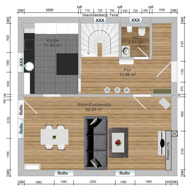 Grundriss eines Wohn-/Essbereichs mit Küche links, Flur, WC rechts; Sofa, Esstisch und Kamin.
