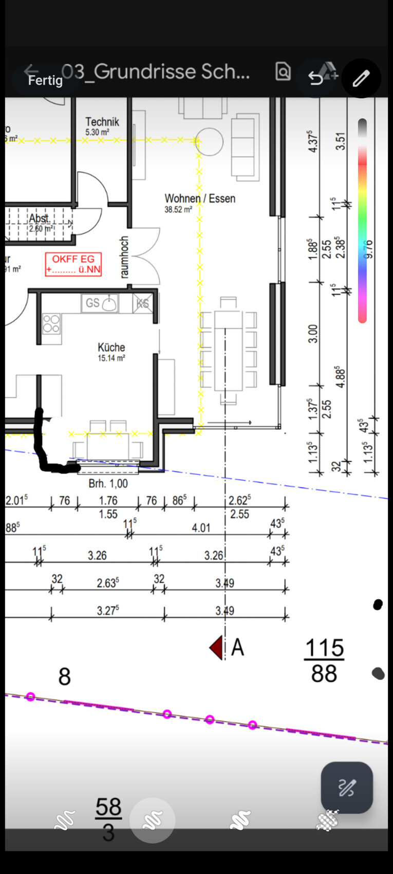 Grundriss einer Wohnung mit Küche, Wohnen / Essen und Technik.