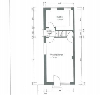 2D-Grundriss eines kleinen Hauses mit Diele, Küche und Wohnzimmer