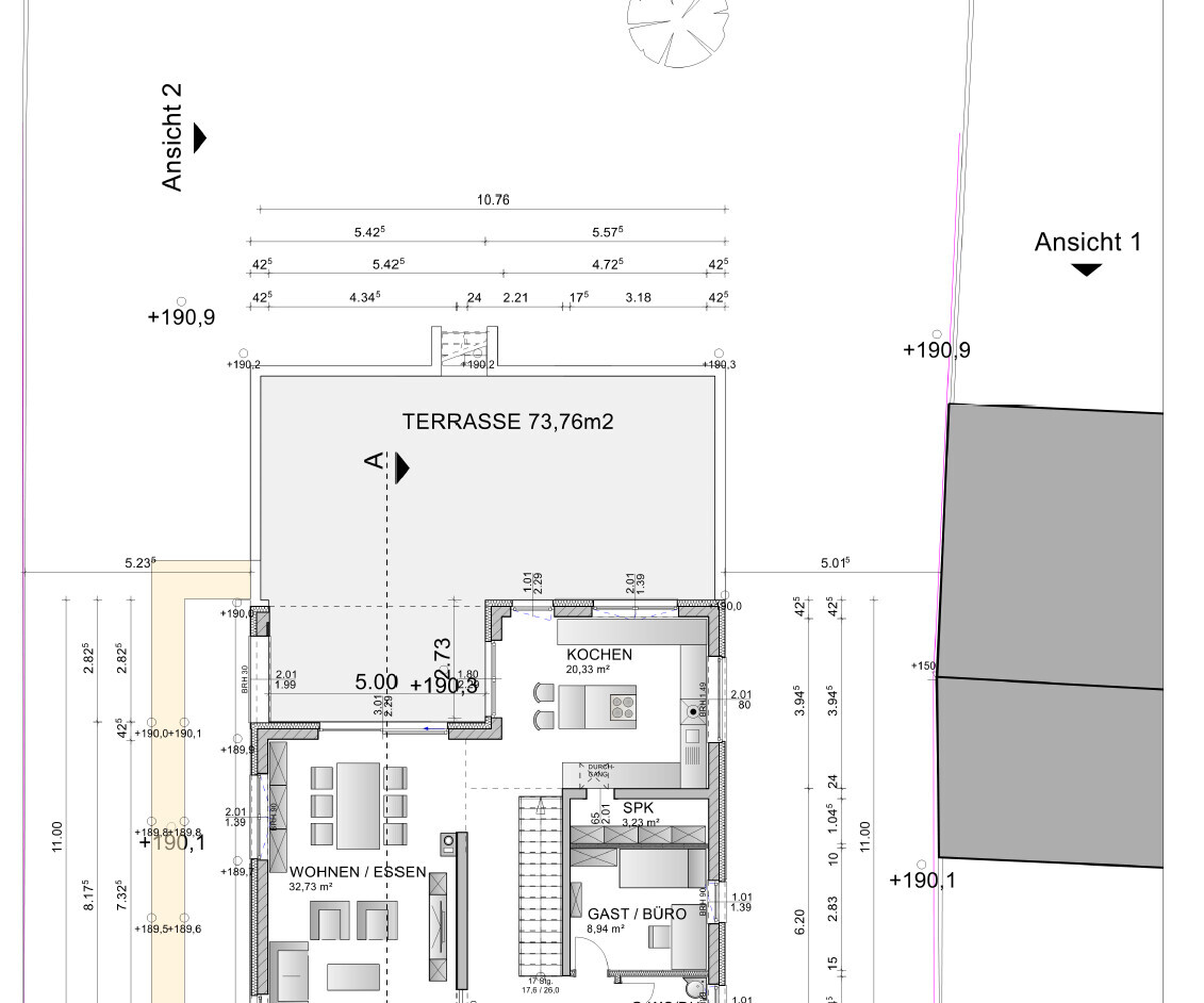 Grundriss eines Hauses: Terrasse, WOHNEN/ESSEN, KOCHEN, GAST/BÜRO