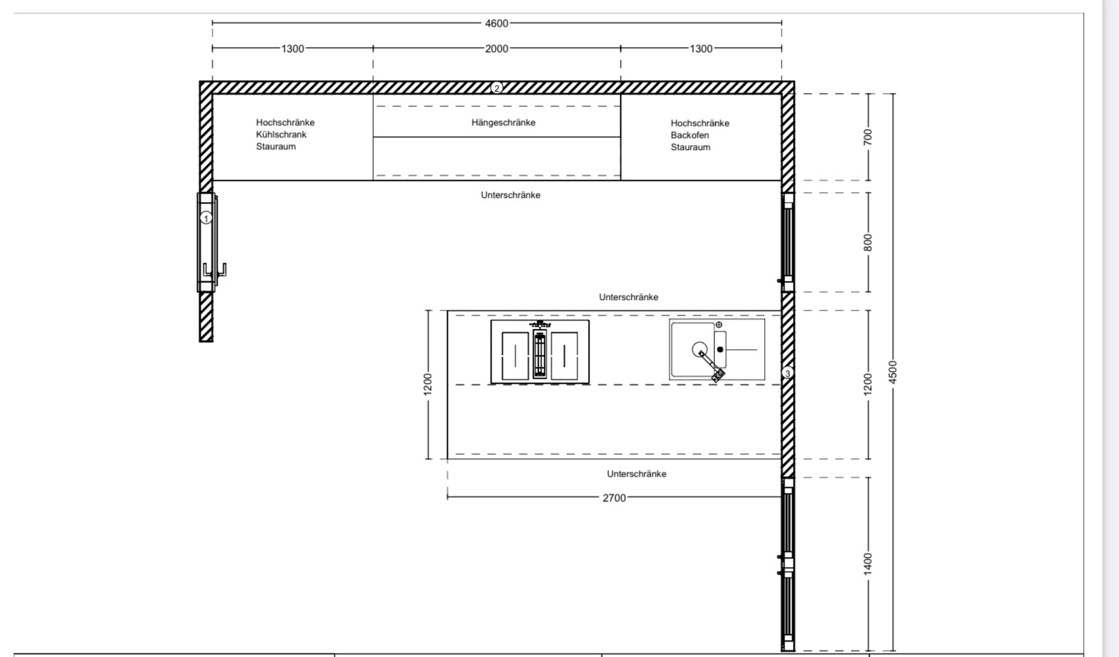 Küchen-Grundriss mit Spüle, Kochfeld, Kühlschrank und Hochschränken.