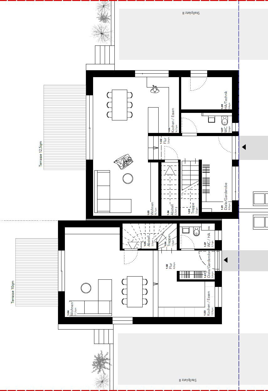 Grundriss eines Hauses mit offener Wohn-/Essbereich, Küche, Treppenhaus und Terrasse.