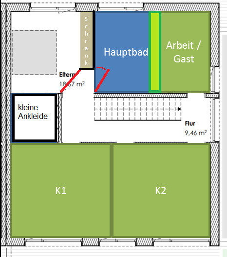 Grundriss: Eltern, kleine Ankleide, Schrank; Hauptbad, Arbeit/Gast, Flur, K1 und K2.