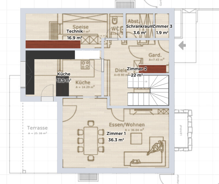 Grundrissplan eines Hauses: Küche links, Essbereich und offenes Wohnzimmer unten