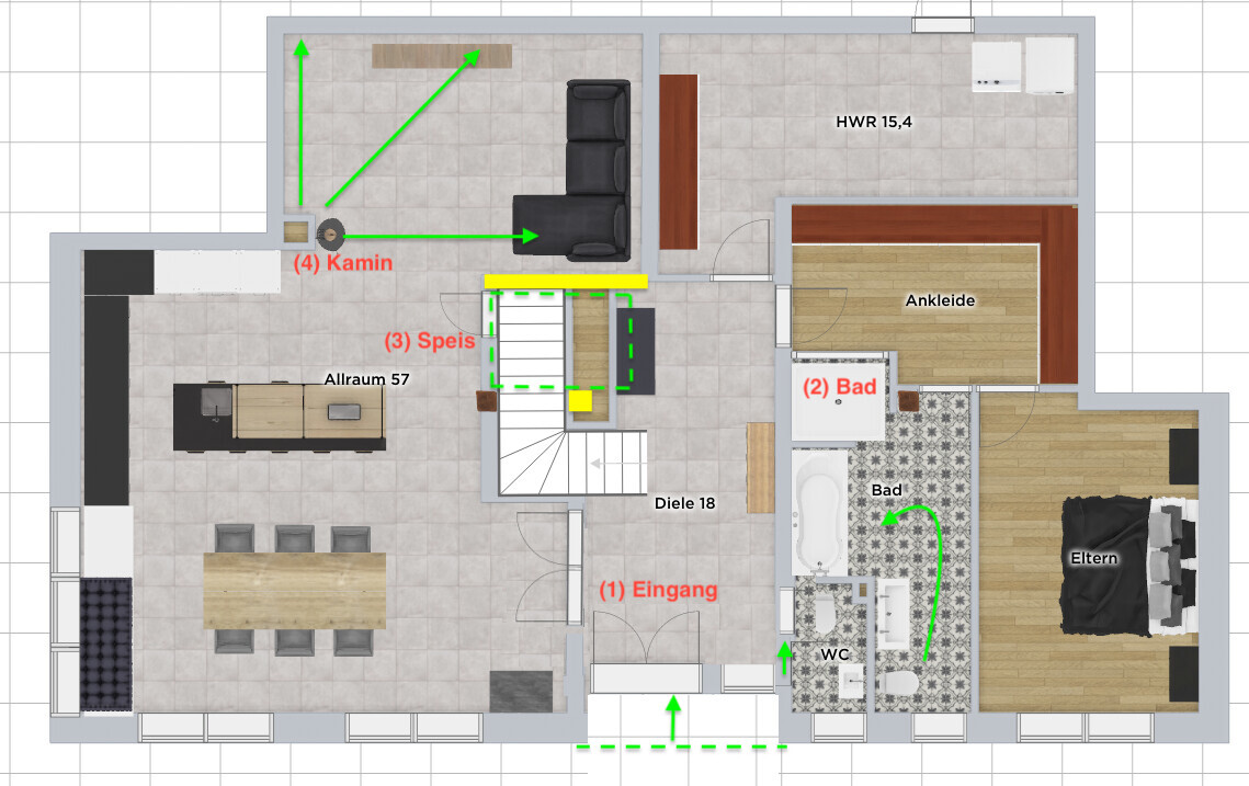 Grundriss: Eingang, Küche, Essen, Wohnzimmer Kamin, Treppe, Speis, Bad/WC, Elternzimmer, HWR