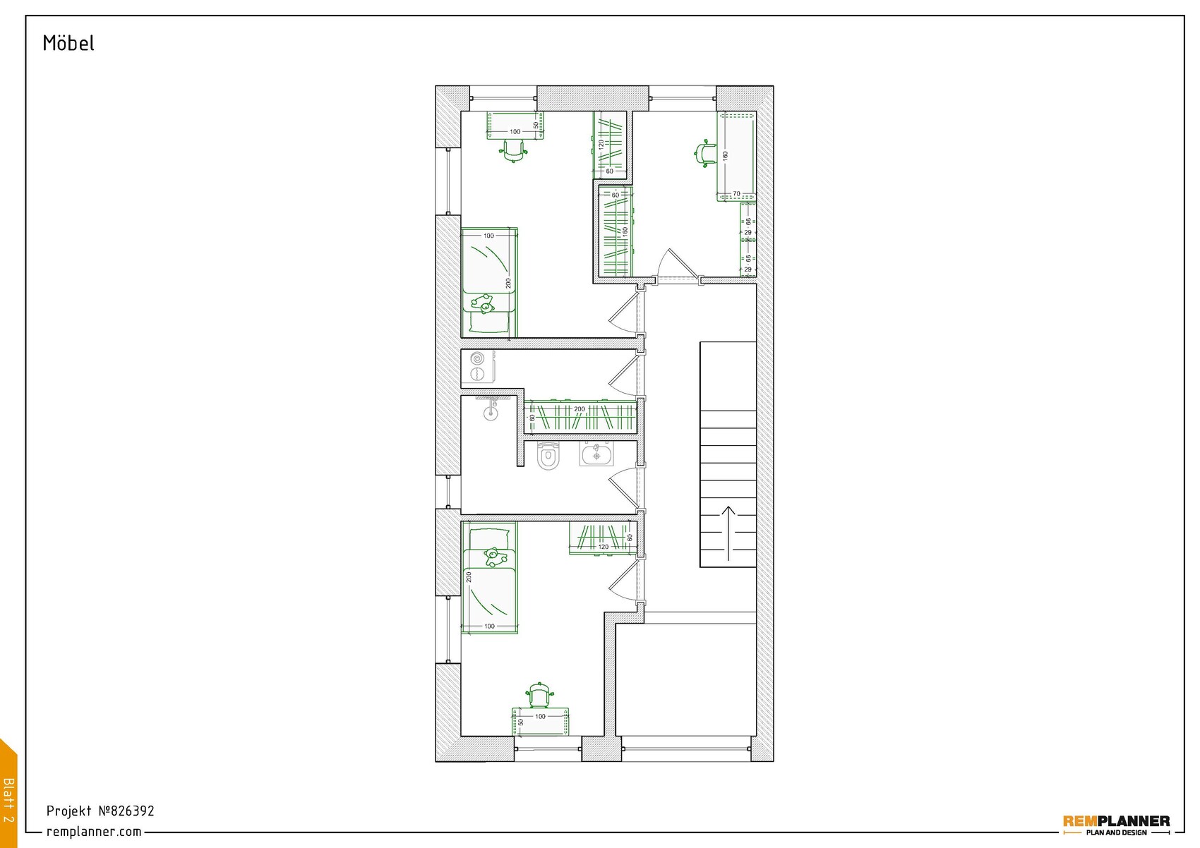 2D Grundrissplan eines Hauses mit Betten, Tischen und Küchenbereich.