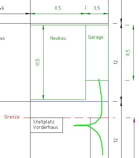 Grundriss eines Neubau-Hauses mit Garage und Stellplatz vor dem Haus.