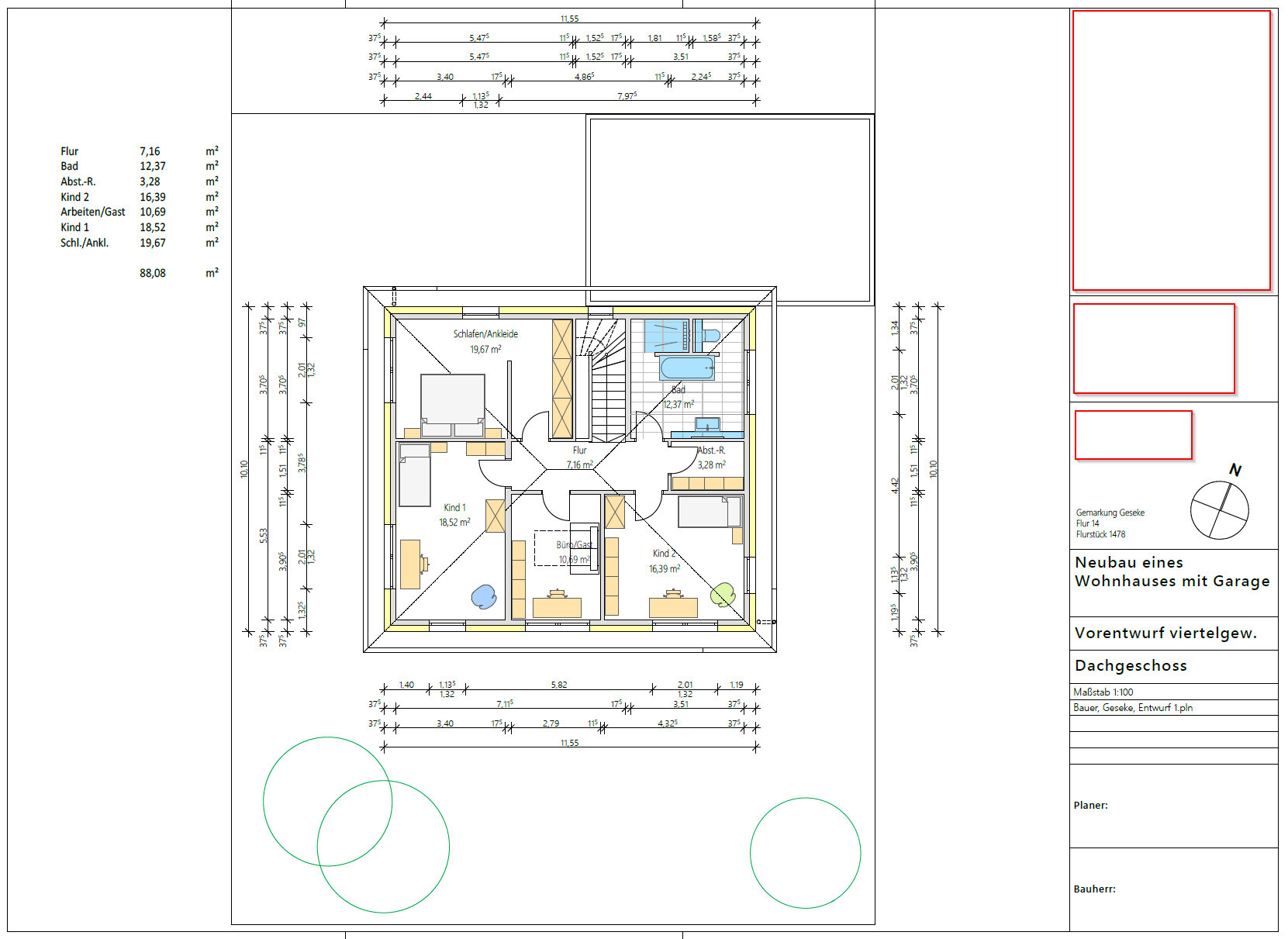 Dachgeschoss Grundriss eines Neubauhauses mit Schlafzimmern, Flur und Bad