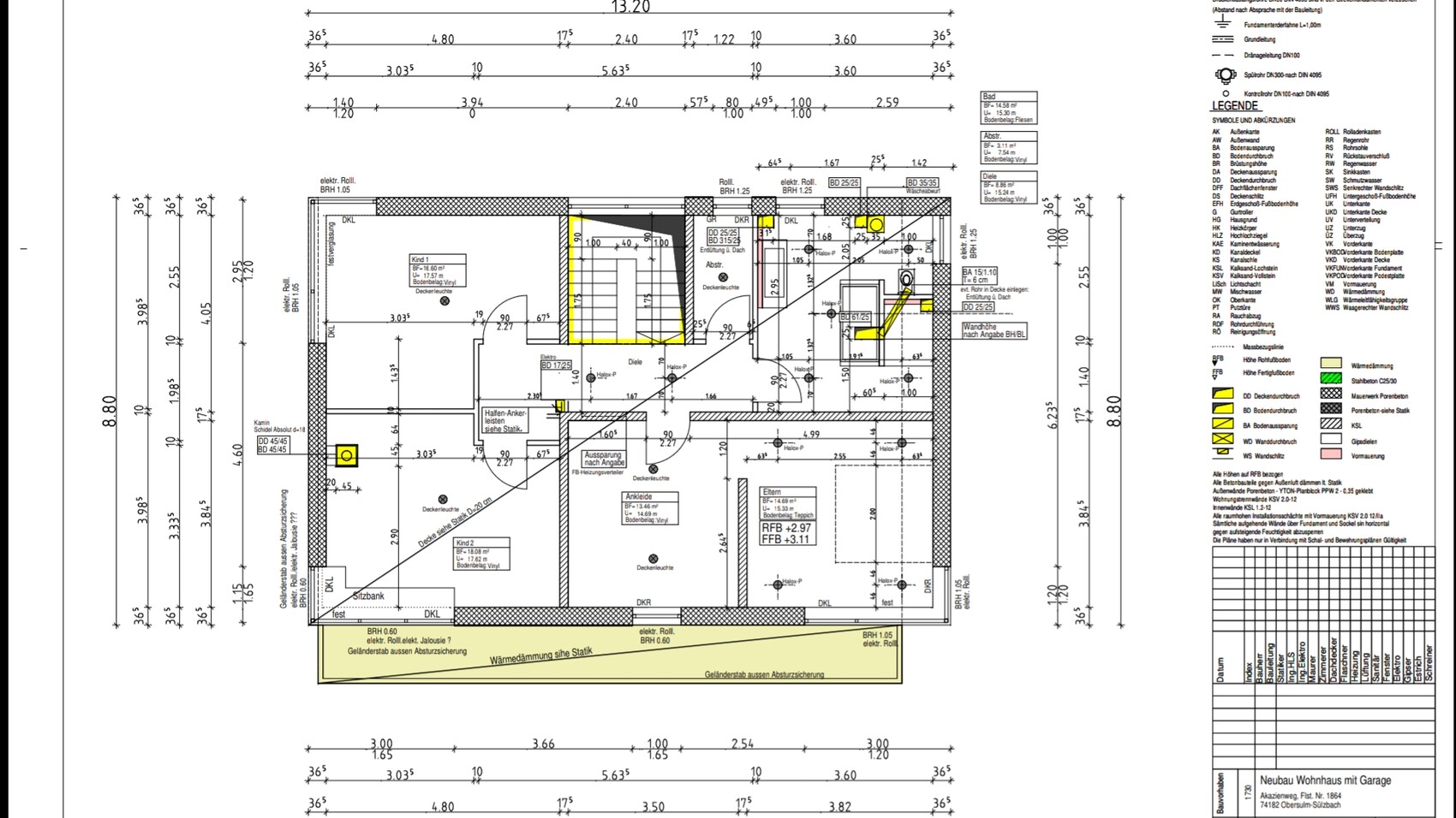 Grundriss eines Hauses mit Zimmern, Treppe, Maßen und Legende, gelb markierte Bereiche.