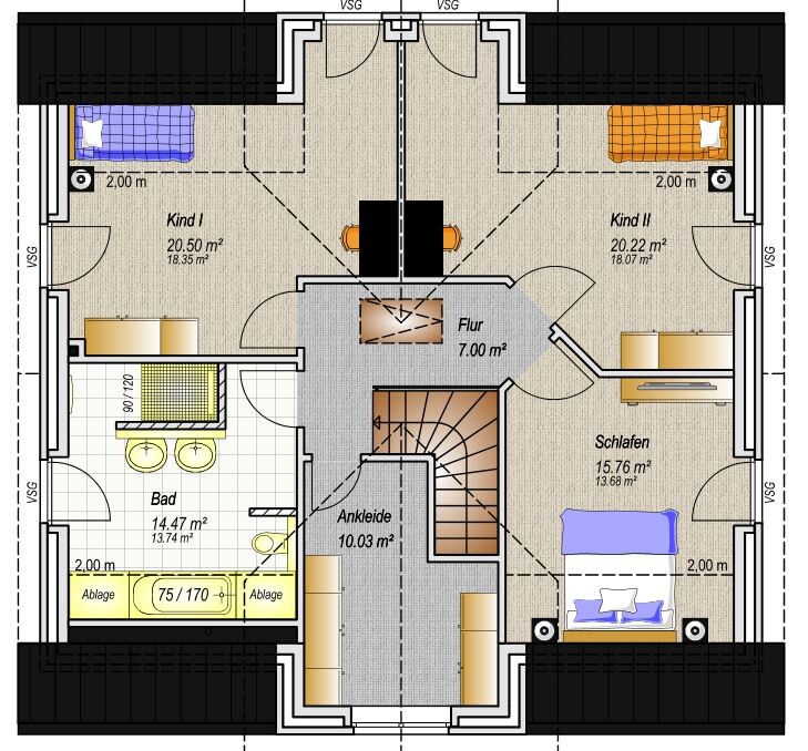Grundriss Obergeschoss: zwei Kinderzimmer, Schlafzimmer, Bad, Ankleide, Flur, Treppe