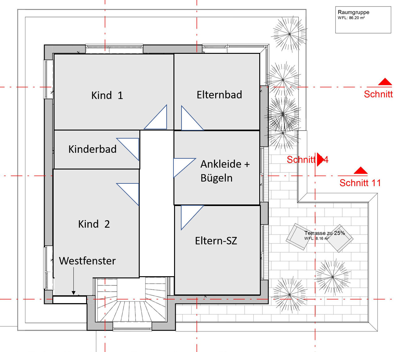 Grundriss: Kind 1, Kind 2, Eltern-SZ, Ankleide + Bügeln, Kinderbad, Terrasse rechts.