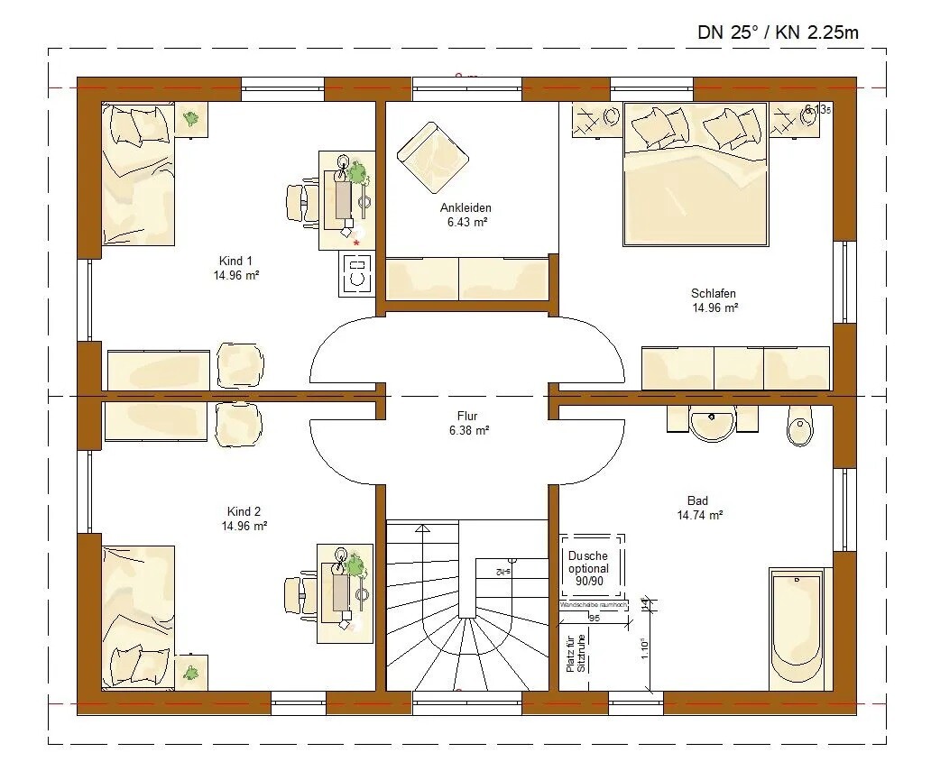 2D Grundriss eines oberen Stockwerks mit Schlafzimmer, Kinderzimmern, Bad, Flur und Ankleide