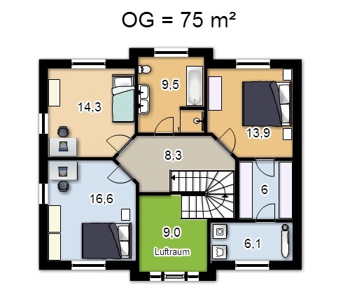 Dachgeschoss-Grundriss: Treppenhaus, Flur, Luftraum (Grün) und fünf Zimmer mit Bad.