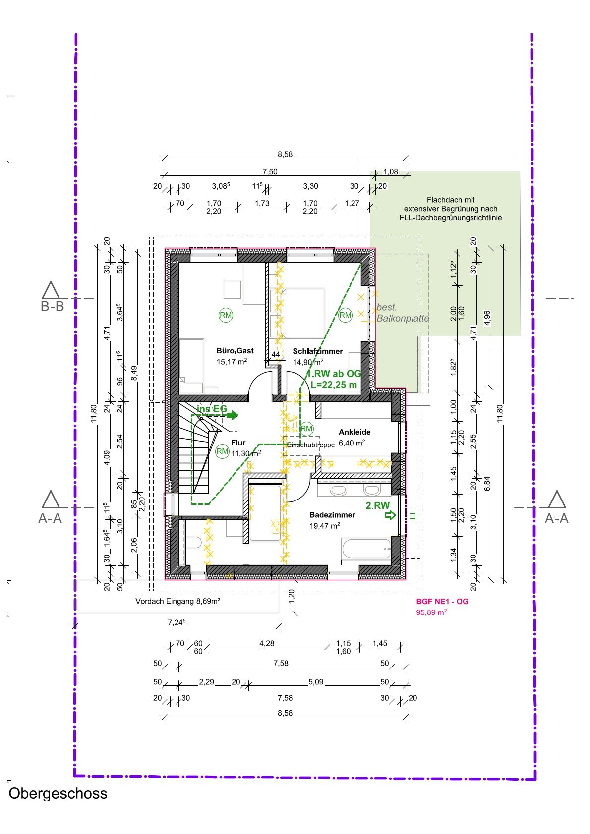 Grundriss Obergeschoss mit Schlafzimmer, Büro/Gast, Flur, Ankleide, Badezimmer und Balkon