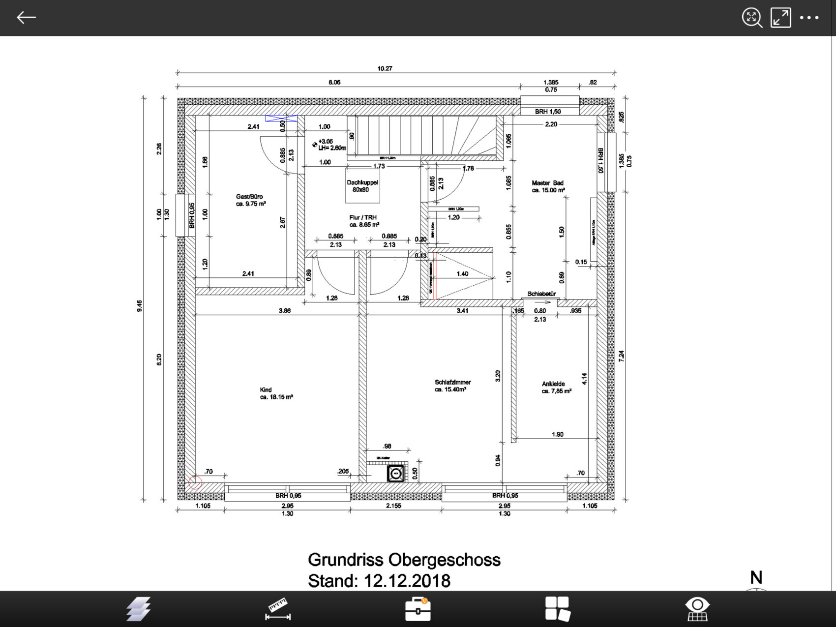 Grundriss Obergeschoss: Gast/Büro, Flur, Schlafzimmer, Kind, Ankleide, Master-Bad.