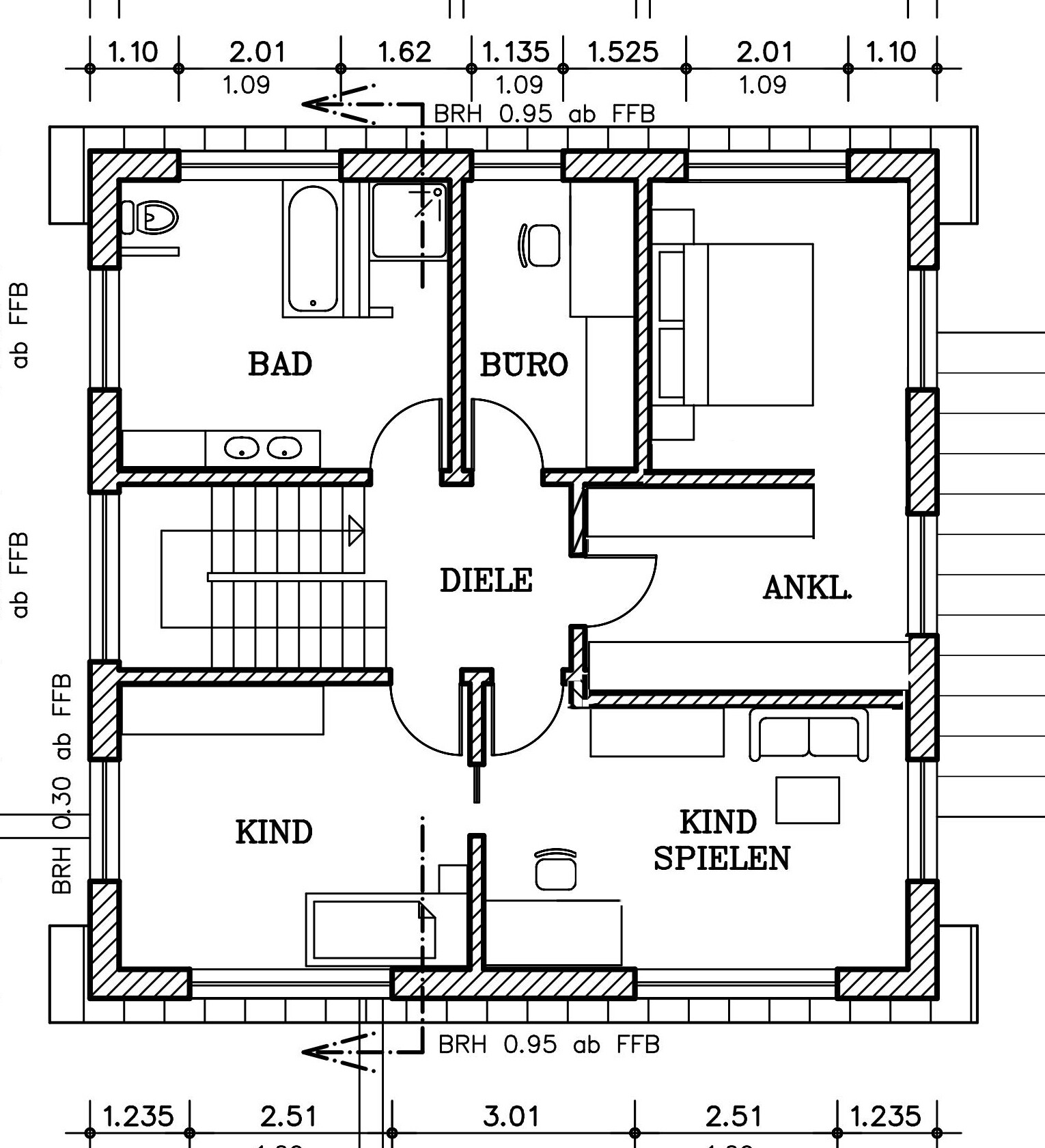 Grundriss eines Hauses mit Bad, Büro, Diele, Ankleidezimmer und zwei Kinderzimmer mit Spielbereich.