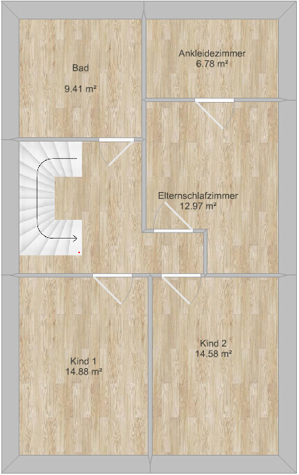Grundriss Obergeschoss mit Bad, Ankleidezimmer, Elternschlafzimmer und zwei Kinderzimmern.