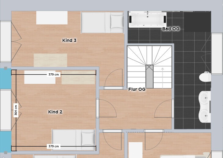 Grundriss des Obergeschosses mit Bad, Flur und zwei Kinderzimmern (Kind 2, Kind 3)