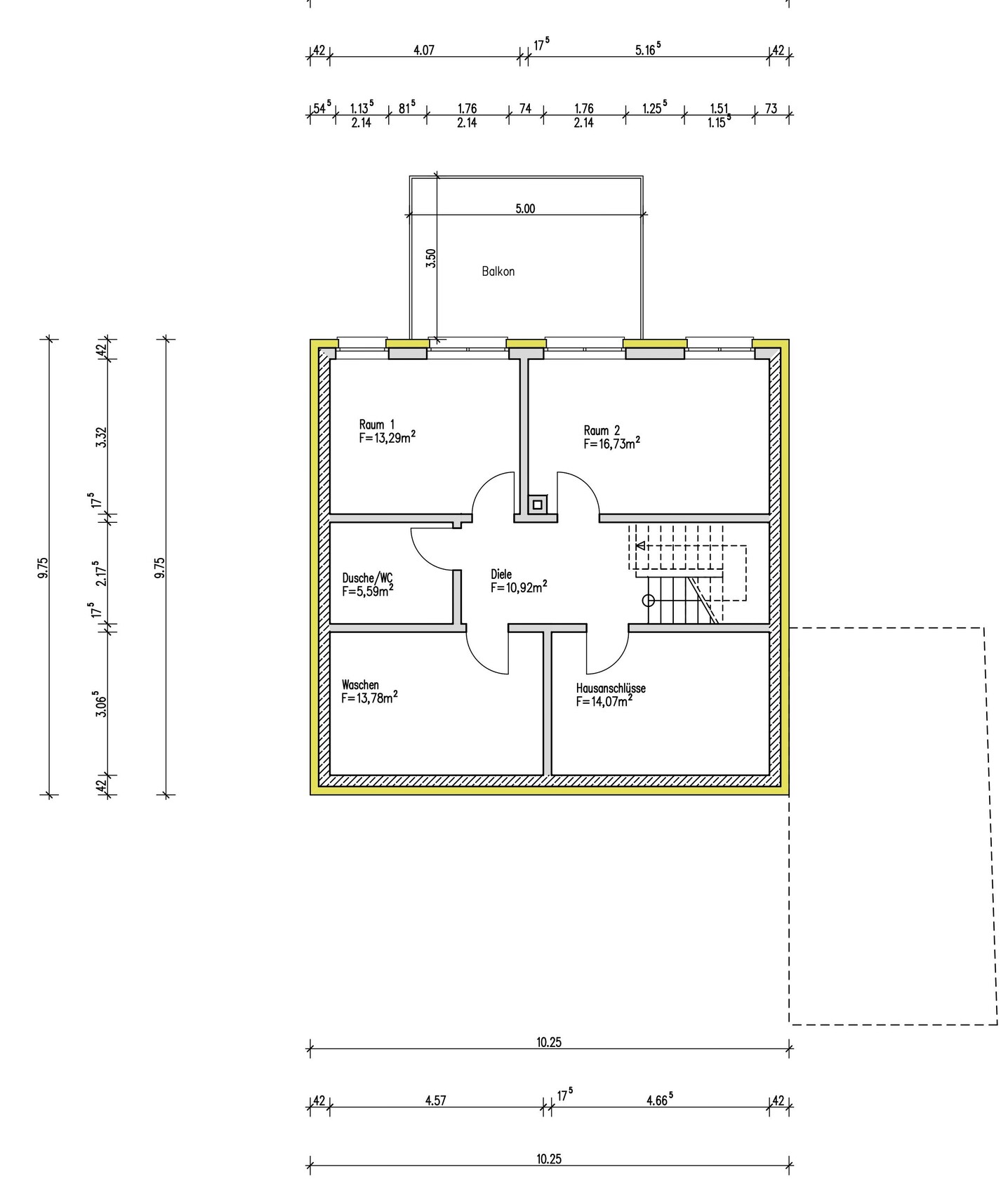 Grundriss eines Obergeschosses mit Balkon, zwei Räumen, Dusche/WC und Diele