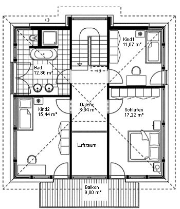 Grundriss eines Obergeschosses mit Balkon, Schlafzimmer, zwei Kinderzimmern und Galerie.