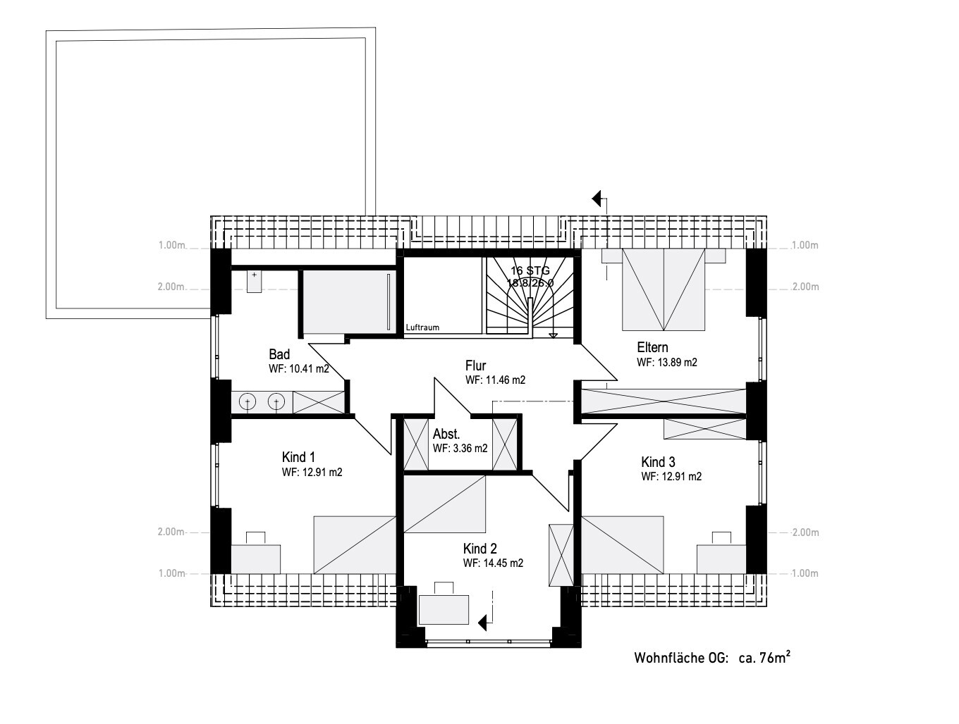 Obergeschoss-Grundriss: Elternzimmer, 3 Kinderzimmer, Bad, Flur, Abstellraum.