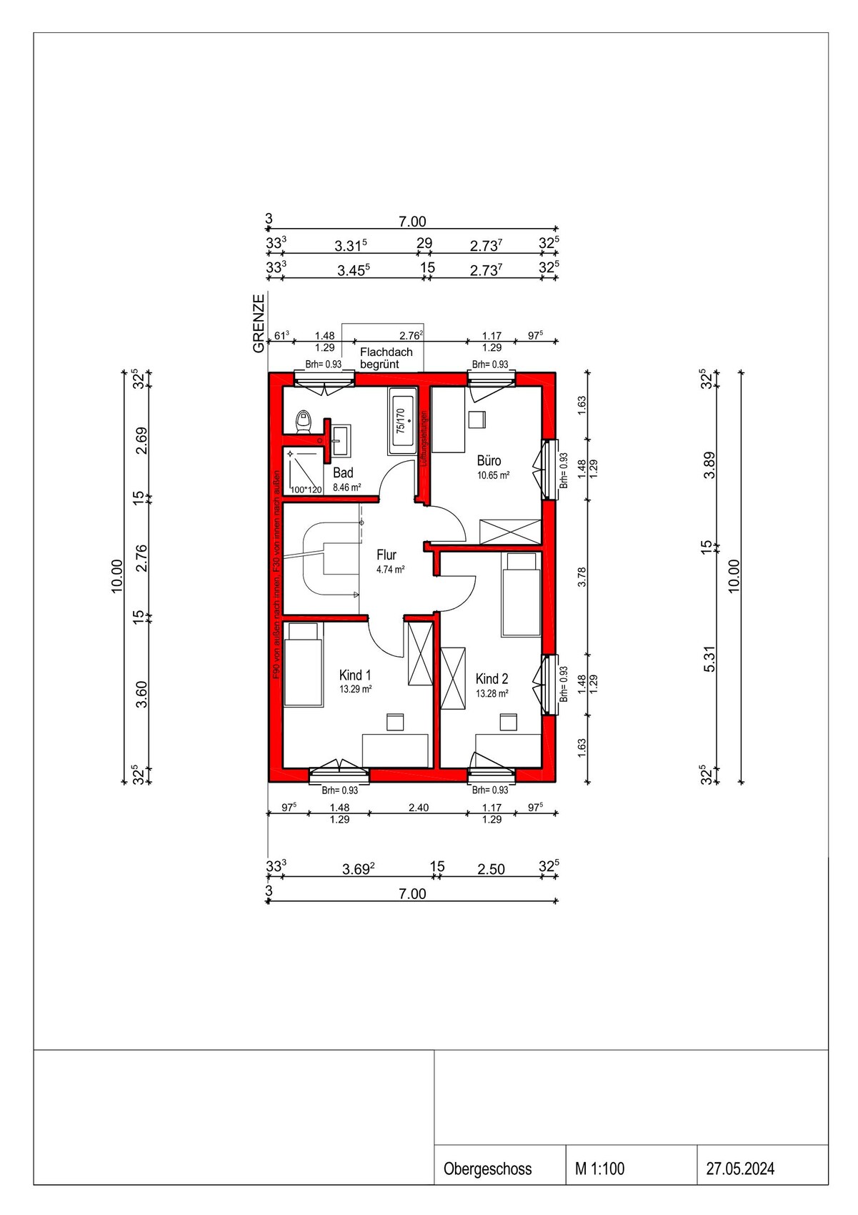Grundrissplan eines Obergeschosses mit Bad, Buero und zwei Kinderzimmern im Haus
