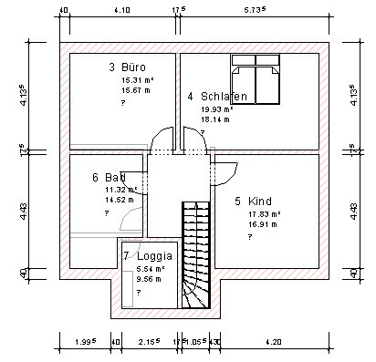 Grundriss des Obergeschosses mit Buero, Schlafen, Kind, Bad, Loggia und Treppe.