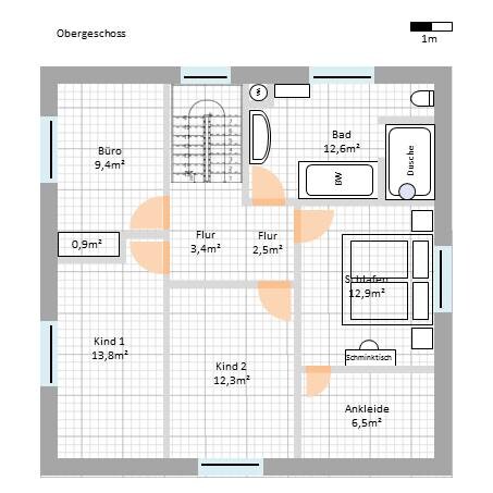Grundriss Obergeschoss zeigt Büro, zwei Kinderzimmer, Bad und Ankleide