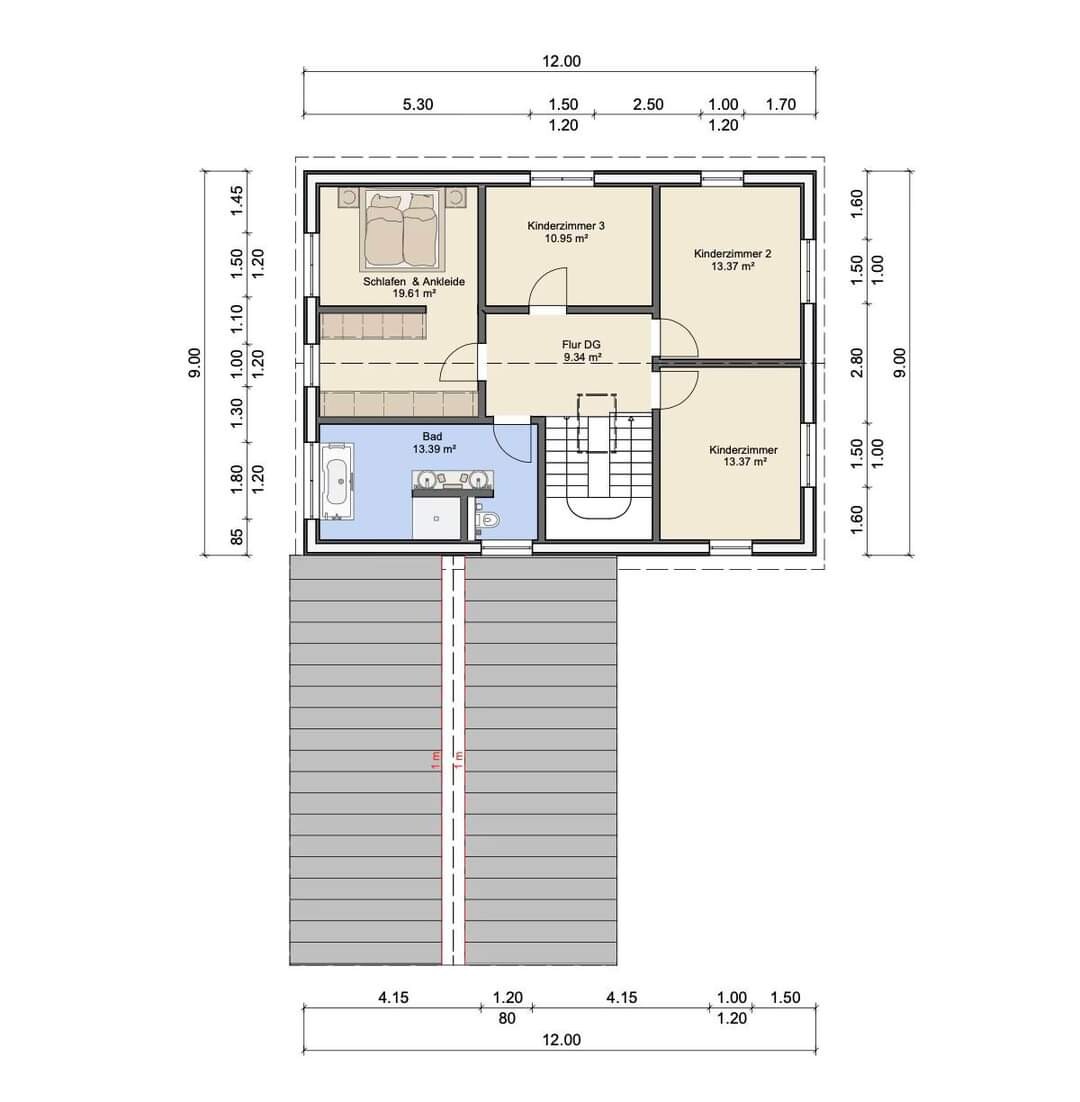 Dachgeschoss-Grundriss: Schlafen & Ankleide, Bad, Flur DG, zwei Kinderzimmer.