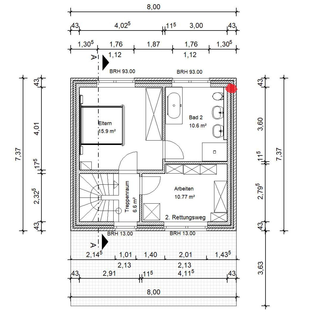 Grundriss Obergeschoss: Elternzimmer, Bad 2, Arbeiten, Treppenraum, Rettungsweg.