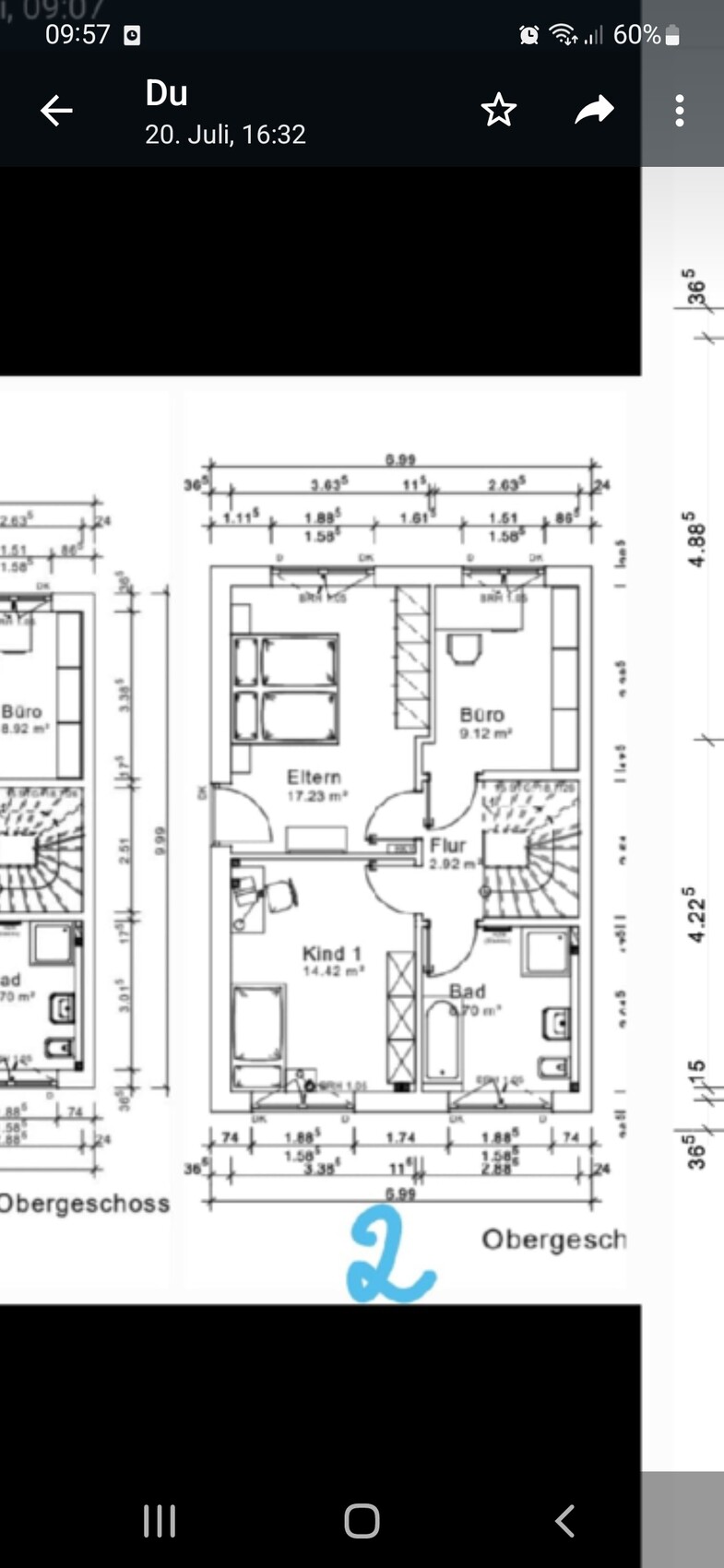 Obergeschoss Grundriss: Eltern, Kind 1, Büro, Flur, Bad; Größen in m².