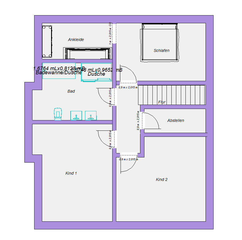 Grundriss eines Wohnhauses mit Schlafzimmer, Ankleide, Bad, Dusche, Flur, Abstellen, Kind 1, Kind 2.