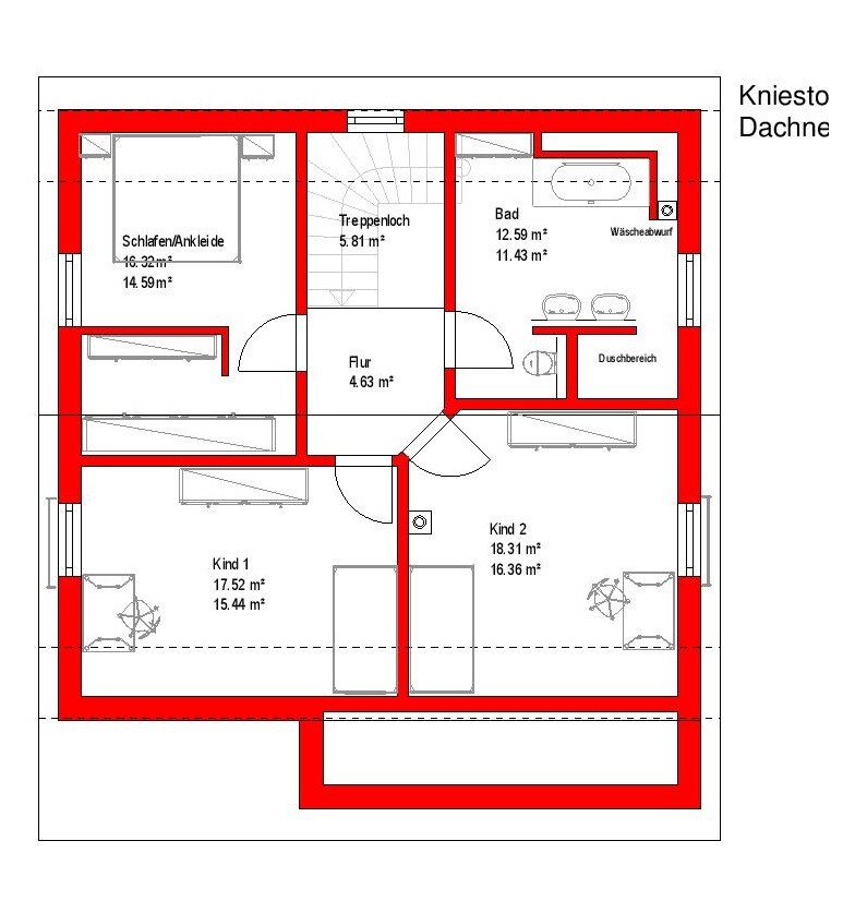 Obergeschoss-Grundriss eines Familienhauses mit Schlafzimmer, Bad, Flur und zwei Kinderzimmern