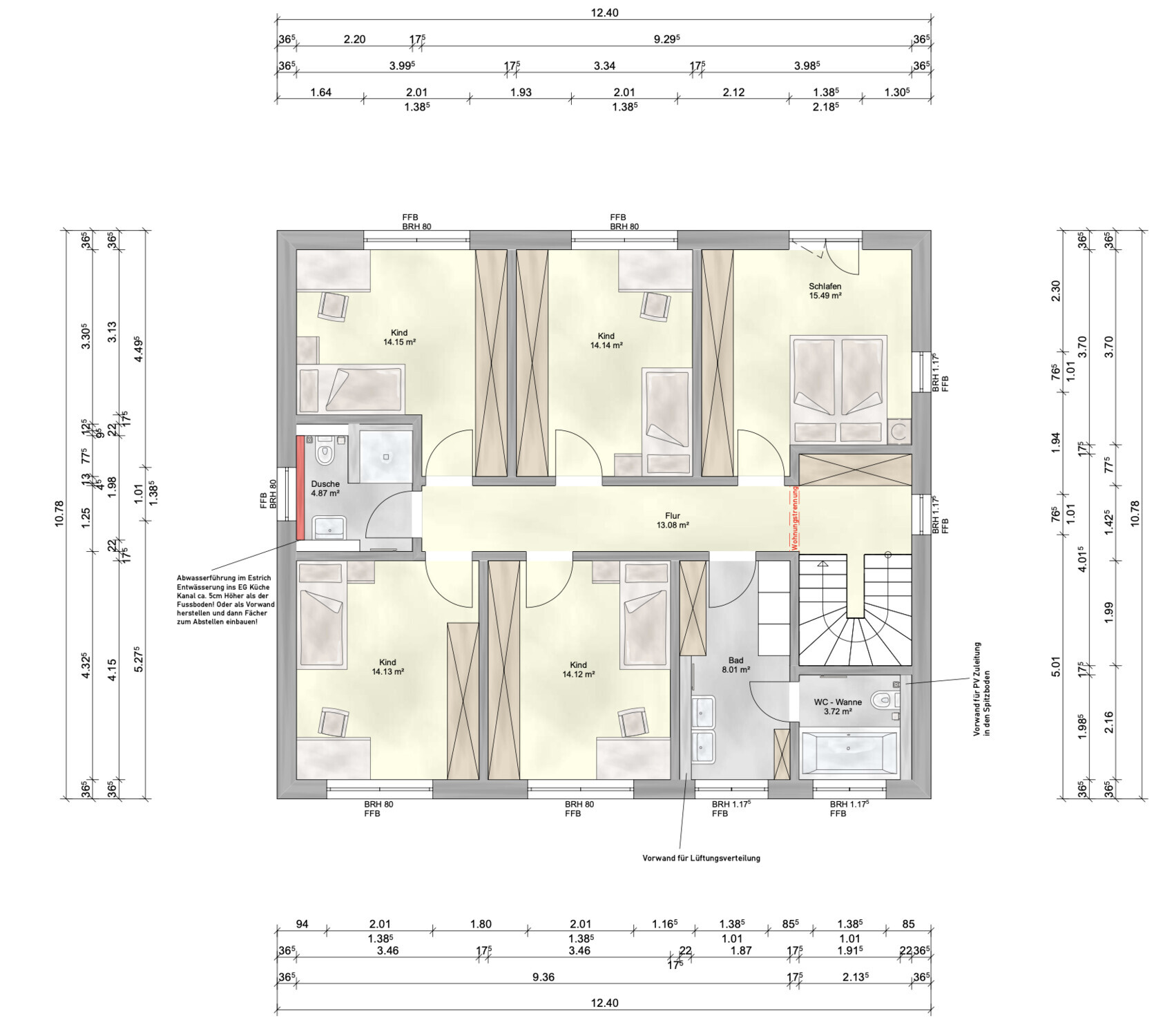 2D-Grundriss des Obergeschosses mit Flur, Schlafzimmern, Bad und Treppen