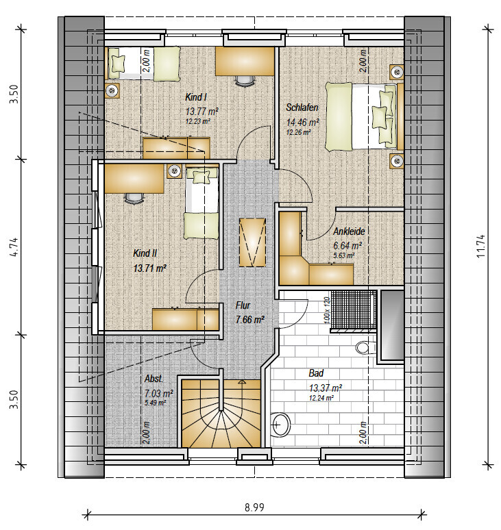 Grundriss Dachgeschoss mit Schlafzimmer, zwei Kinderzimmer, Ankleide, Bad, Flur und Abstellraum.