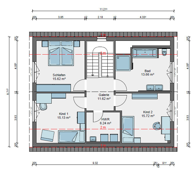 2D-Grundriss Obergeschoss mit Schlafzimmern, Bad, Galerie und Kinderzimmern.