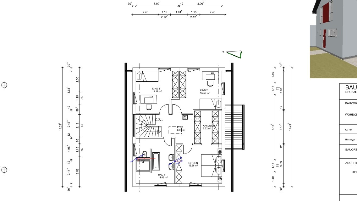 Grundriss des Obergeschosses: Flur, Bad, Eltern- und Kinderzimmer, Ankleide; Außenansicht rechts.