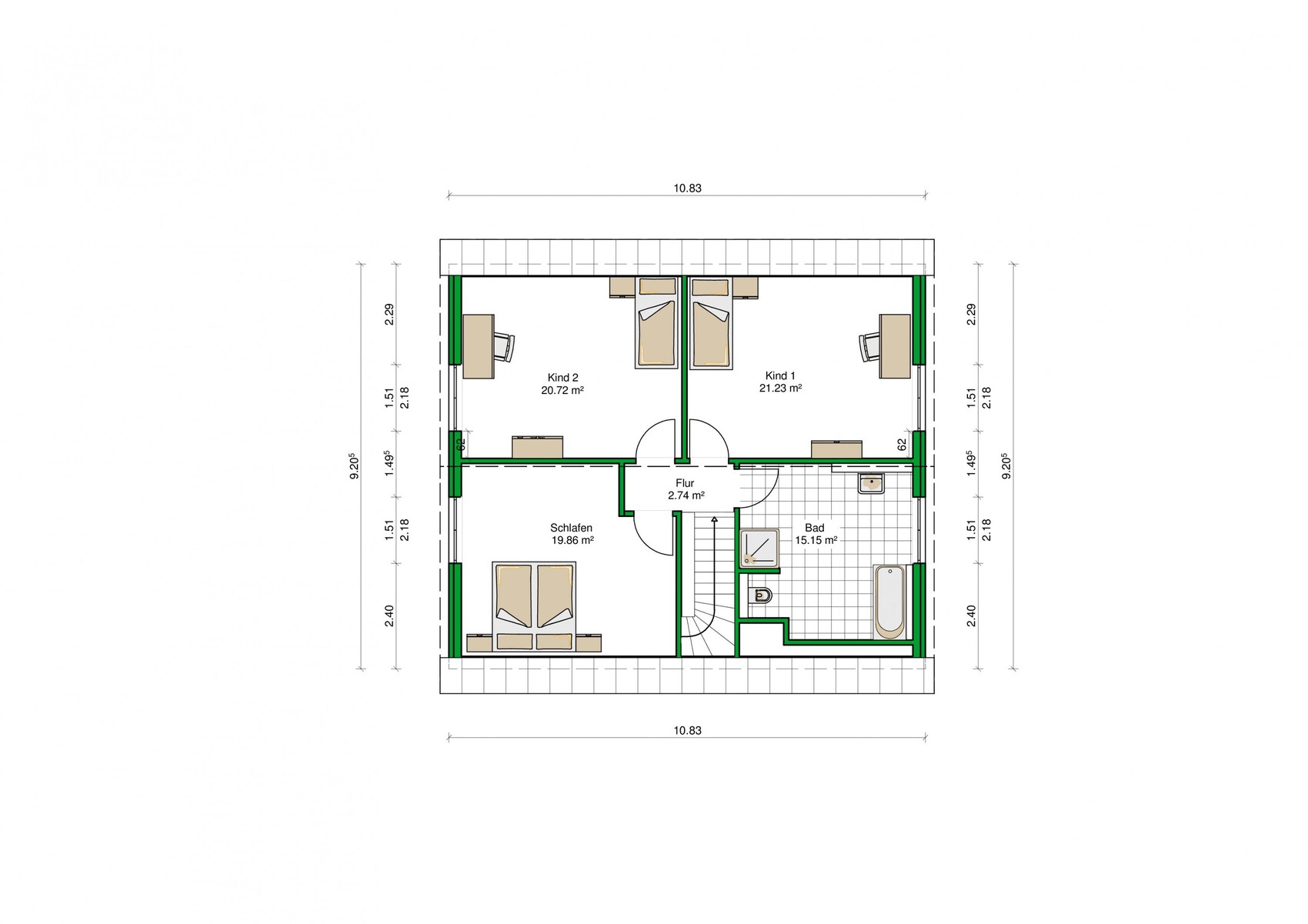 Grundriss eines Obergeschosses: Schlafzimmer, Bad, Flur und zwei Kinderzimmer
