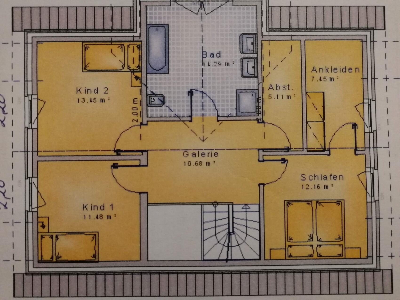 Grundriss Obergeschoss eines Familienhauses mit Schlafzimmern, Kinderzimmern, Bad und Galerie