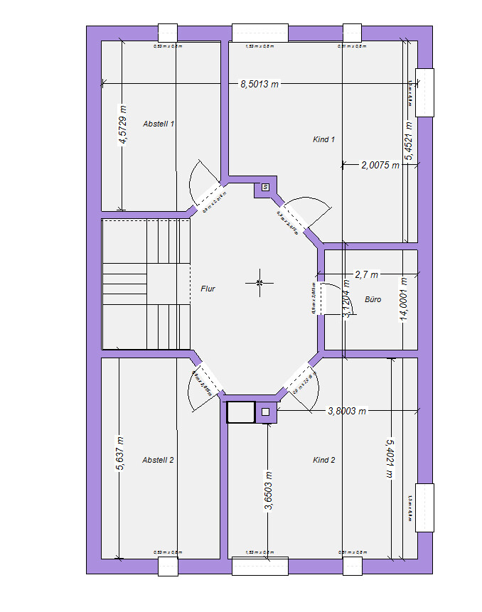 Grundriss eines Obergeschosses mit Flur, Kind 1, Kind 2, Büro und Abstellräumen.