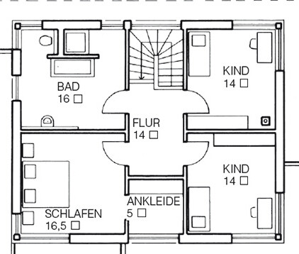 Grundriss Obergeschoss mit Flur, Schlafzimmer, Ankleide, zwei Kinderzimmern und Bad