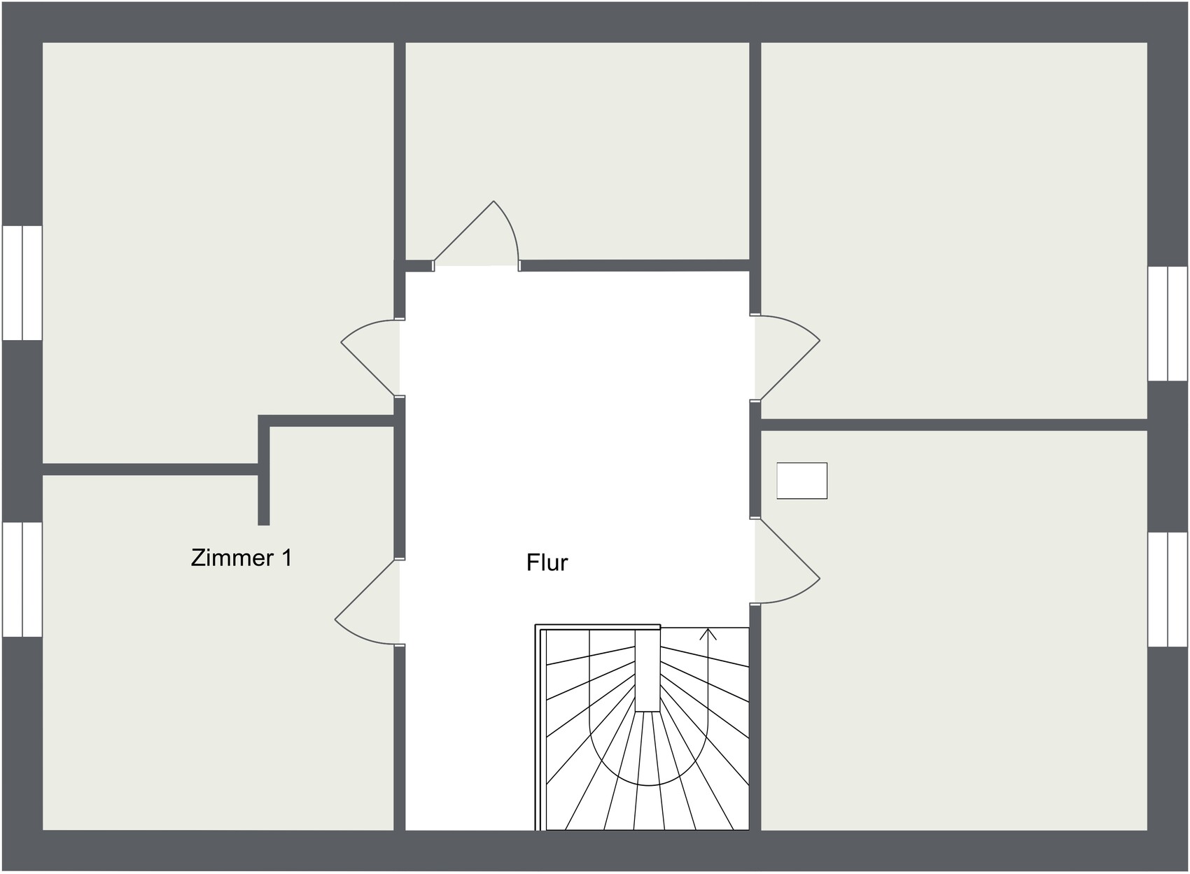 Grundriss eines Apartments: Flur in Mitte, umlaufende Zimmer links und rechts, Treppe unten.