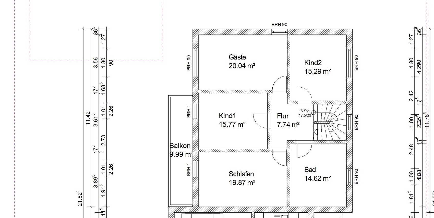 Grundriss eines Obergeschosses mit Gaeste, Kind1, Kind2, Flur, Bad, Schlafen und Balkon