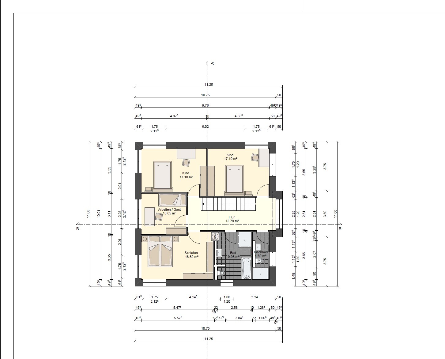 Grundriss eines Hauses – Flur, Treppe, Schlafzimmer, zwei Kinderzimmer, Arbeitszimmer, Bad.