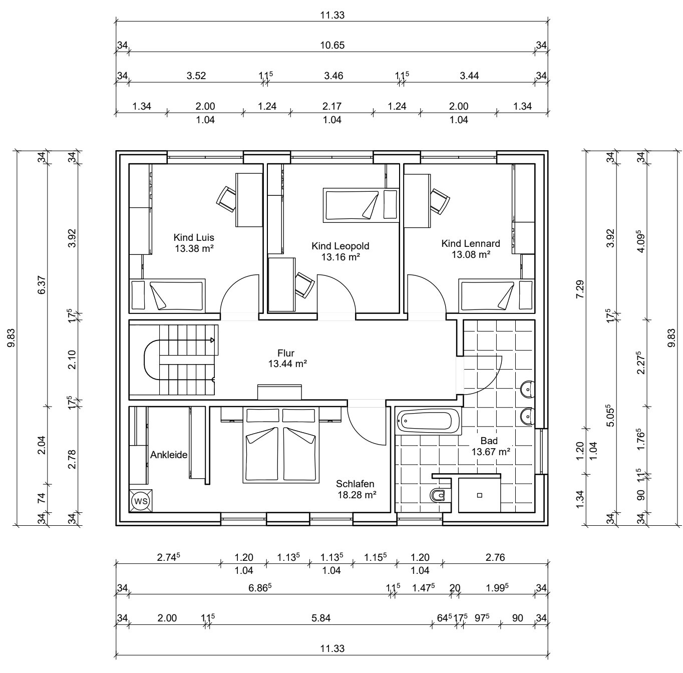 Obergeschoss-Grundriss eines Hauses mit Flur, Schlafzimmer, Bad und Kinderzimmer